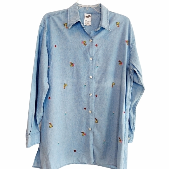 Vintage Warner Bros Tweety Denim Chambray Embroiderd Button-up Shirt Large Tunic - Picture 1 of 14